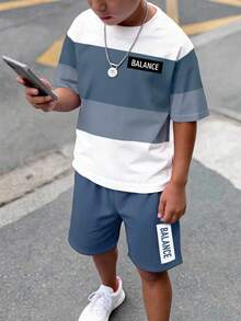 青少年男童休闲简约短袖圆领T恤短裤套装，适合夏季穿着，经典酷炫几何图案印花，时尚迷你Logo印花 - 彩色 - 查看 5