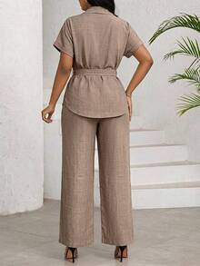 SHEIN Lady Bộ đồ nữ mùa hè thường ngày gồm áo và quần, gồm 2 món. - Màu Khaki - Xem 2