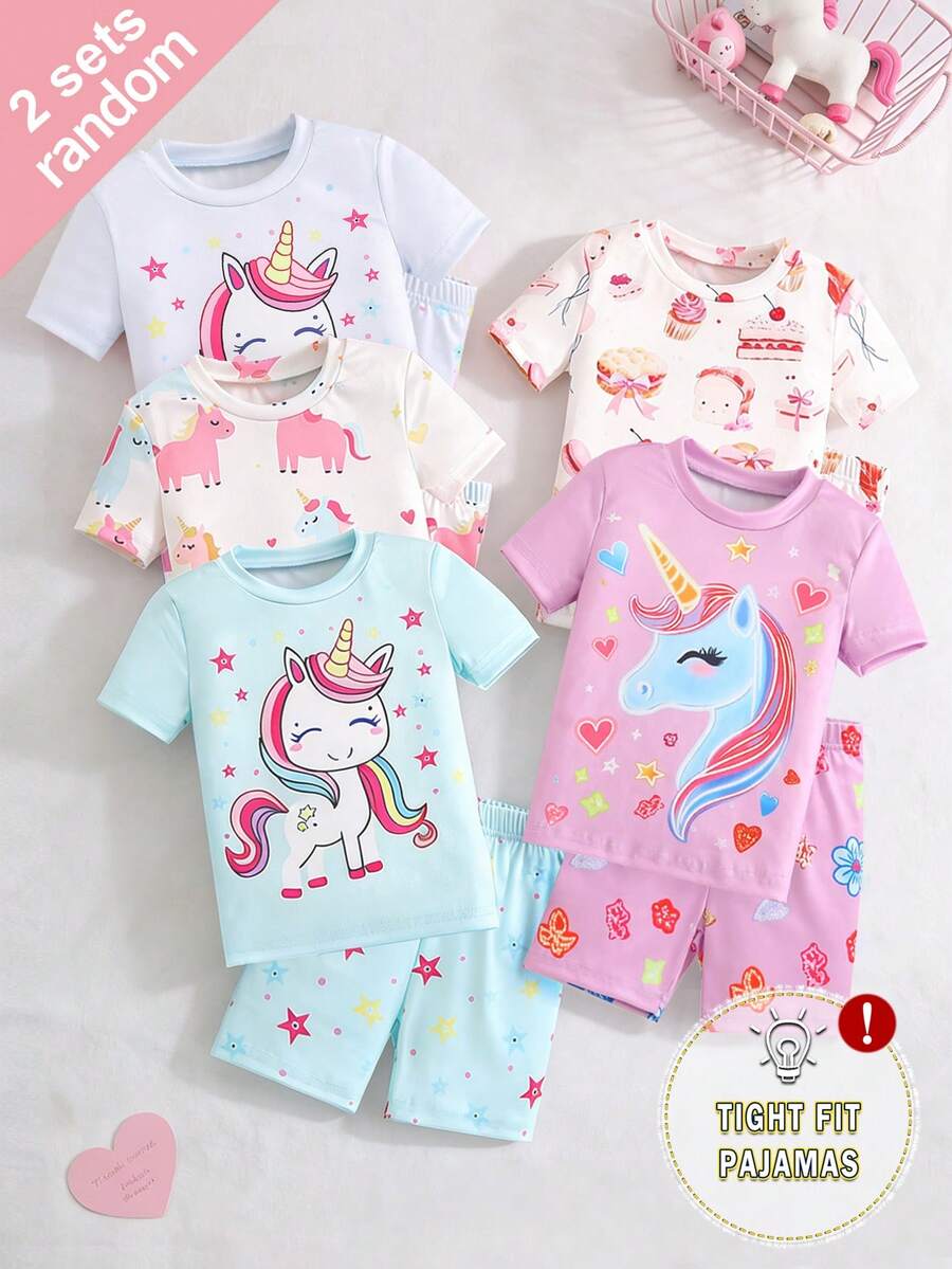 SHEIN 【2件套】女童独角兽卡通印花短袖短裤针织贴身睡衣家居服套装
