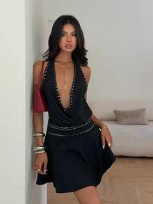 Vestido de corte ajustado y vuelo con escote pronunciado y decoración de remaches para mujer, para festivales deúsica de primavera/verano - Negro - Ver 2