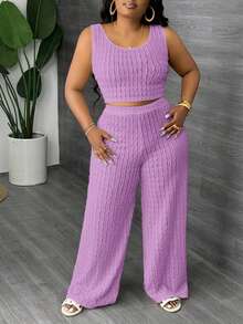 Slaydiva Conjunto de 2 piezas de chaleco largo casual blanco y pantalón de pierna ancha talla grande, para primavera/verano - Morado - Ver 3