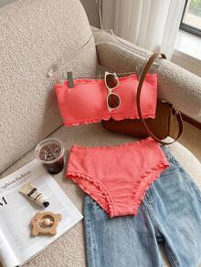 Resyla Summer Beach Frill Trim Bandeau Bikini Set Vacation - Coral Orange - View 3