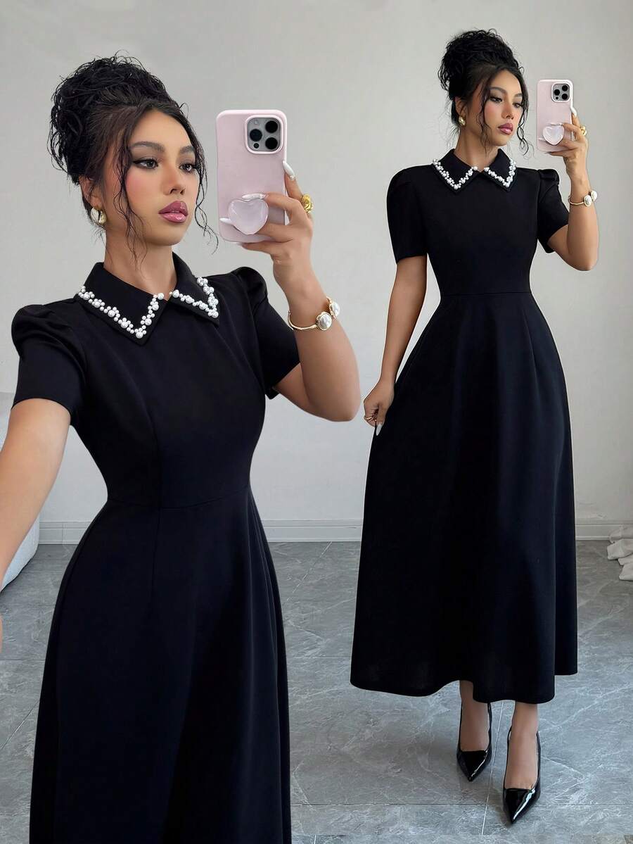 Elenzga Đầm đen nữ cổ ngọc trai, tay phồng, thắt eo và dáng ôm chữ A dài, đầm mùa hè, trang phục mùa hè cho nữ, đầm dự tiệc thanh lịch, đầm tốt nghiệp, đầm sang trọng cho nữ, đầm thường ngày cho nữ, trang phục đi nghỉ mát cho nữ. - màu đen - Xem 1