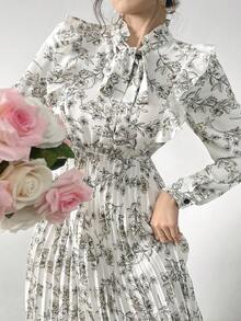 Modelyn Plus Size Elegant Floral Allover Print Long Sleeve Dress With Cinched Waist For Autumn For New Year Maxi Women Outfit Date Night Tea Party - Apricot - View 6