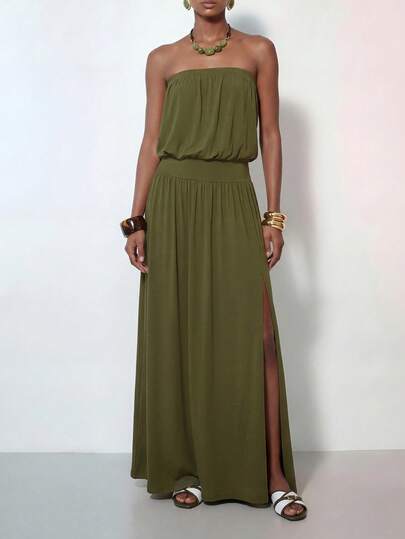 Zivah 2026 New Arrival Casual Linen Feel Beach Vacation Elegant Bohemian Beach Resort Dress, Distinctive Waist Patchwork Long Knit Dress, Military Green Knit Dress, Bohemian Elegant Vacation Knit Dress, Outing Linen Feel Vacation Dress