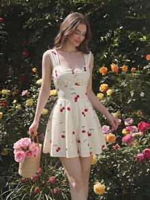 SHEIN MOD Bộ jumpsuit nữ kiểu dáng nghỉ hè, in hình quả anh đào, xếp ly ở ngực và eo. - Nhiều màu - Xem 5