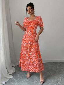 SHEIN Raffinéa Đầm hè nữ, cổ vuông, tay ngắn, cổ tay bo chun, xếp ly phía trước, trang trí nơ, dáng chữ A, họa tiết hoa in kỹ thuật số, đa năng và thanh lịch, thích hợp mặc hàng ngày. - Nhiều màu - Xem 3