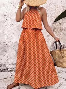 Breezaya Plus Size Full Print Camisole Dress With Layered Look - Orange - View 3
