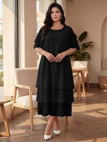 SHEIN Lady CURVE Plus Size Casual Dress, White Round Neck Unbutton Asymmetrical Flowy Hem, Bohemian Style, Suitable For Spring & Summer/Elegant Women's Plus Size Dresses Women's Summer Dresses Women's Black Dress Summer Dress Summer Outfits Summer Clothes Spring Dress Spring Outfit Women Spring Clothing Beach Vacation Outfits For Women Vacation Dress Bohemian - Black - View 4