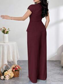 Feyla Plus Size Solid Color Wrap Crossed Short Sleeve Double-Breasted Elegant Minimalist 2 Pieces Set - Burgundy - View 2