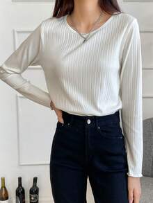 DAZY Ribbed Knit Lettuce Trim Tee,Fall Clothes Long Sleeve Women Tops - White - View 4