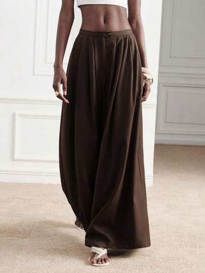 Aveloria Modichic Pantaloni de damă kaki de primăvară/vară, culoare solidă, talie înaltă, design plisat, lejer, cu picior drept, larg, cu picior larg, eleganți, minimalisti, vintage, pentru naveta, casual, resort, versatili