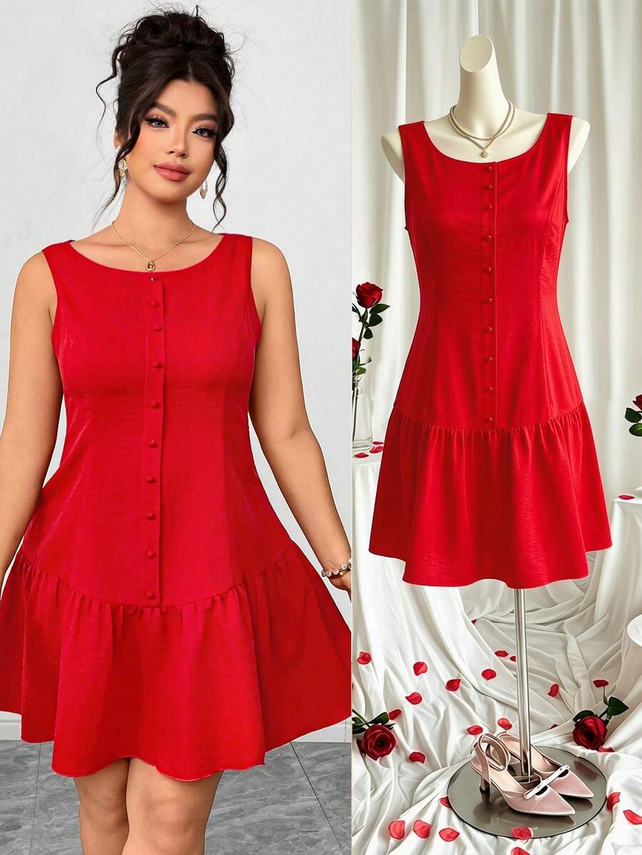 Elenzga Đầm ngắn màu đỏ dáng chữ A không tay, hở vai, phối nhiều mảnh vải, trang trí cúc, dành cho nữ cỡ lớn, thanh lịch, thoải mái, thích hợp cho buổi hẹn hò lãng mạn hoặc tiệc tùng cùng bạn gái. - Đỏ - Xem 1