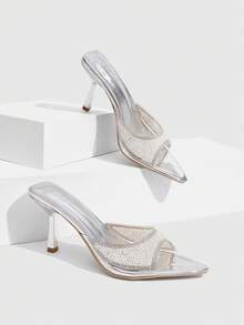 CUCCOO SZL Women's Shoes, Spring/Summer, Clear With Pearl Rhinestone Trim, Pointed Toes, Stilettos, Party Wedding, Silver High-Heeled Sandals. - Silver - View 1