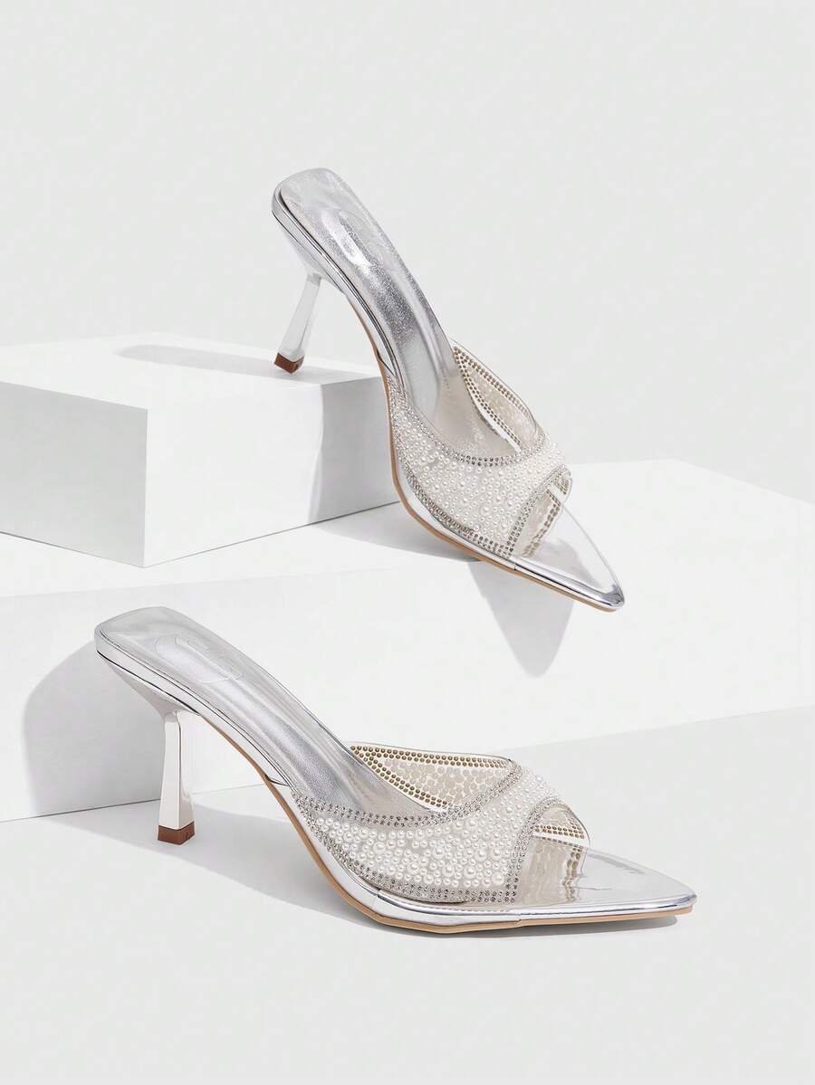 CUCCOO SZL Women's Shoes, Spring/Summer, Clear With Pearl Rhinestone Trim, Pointed Toes, Stilettos, Party Wedding, Silver High-Heeled Sandals. - Silver - View 1