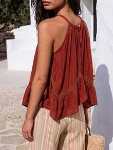 Nöista Brown Double-Strap Cami Top With Ruffle Hem. Summer, Fall, Resort, Going Out, Party Style. - Chocolate Brown - View 5