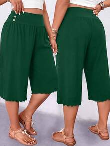 Elenzga Plus Size Women Casual Ruffle Hem Wide Leg Capri Pants - Dark Green - View 7