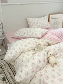 Cirelle 3件組棉質被套組－可正反面使用鄉村風花卉與粉色格紋床寢套組－可愛柔軟美學被套含2個枕套（不含被芯） - 莫奈粉 - 查看 6