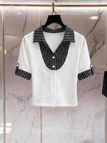 SHEIN Franclia 女士条纹拼接 Polo 领短袖 T 恤，印花通勤休闲短袖衬衫领纽扣上衣，2026 春夏新款上衣 - 黑與白 - 查看 6