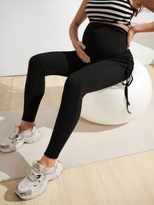 SHEIN Calça Casual Ajustável na Cintura 2 em 1 com Bainha com Cordão, Conjunto Esportivo para Gestantes - Preto - Visão 6