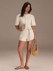 Athîral Denim Women's Casual Vacation Button Half-Placket Short Sleeve Denim Jumpsuit, Spring/Summer - Apricot - View 3