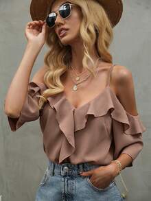 SHEIN Clasi 女士纯色露肩荷叶边休闲百搭日常短袖衬衫 - 卡其色 - 查看 5