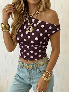 SHEIN EZwear Women's Asymmetric Ruched Cropped Top,Summer Top - Multicolor - View 3