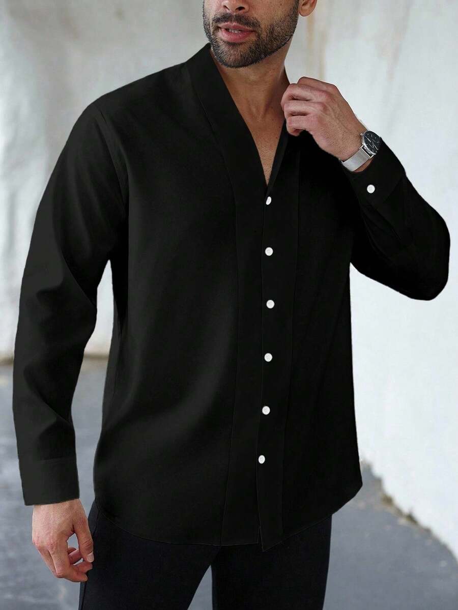 Manfinity Homme Plus Size Men's Casual Solid Color Front Button Long Sleeve Shirt - Black - View 1