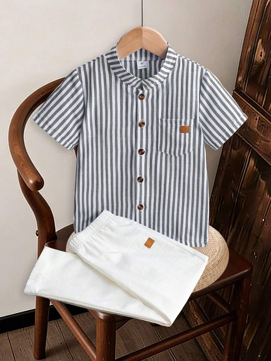 SHEIN 男童休闲条纹短袖衬衫长裤套装（2件套），适合日常休闲、度假、运动、夏季穿着 - 黑與白 - 查看 1