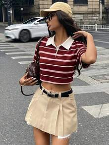 Coolane 女款春季街頭風出遊返校大學生學院風復古返校日Y2K日常穿搭休閒老錢風彈性舒適條紋短版POLO衫 - 彩色 - 查看 5