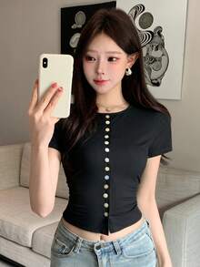 Livesso 春夏黑色情人節婚禮宴會修身優雅通勤辣妹底層短版短袖女款T恤短上衣 - 黑色 - 查看 9