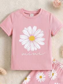 SHEIN Young Girl Knitted Floral Pattern Round Neck T-Shirt And Shorts 2-Piece Loungewear Set - Multicolor - View 7