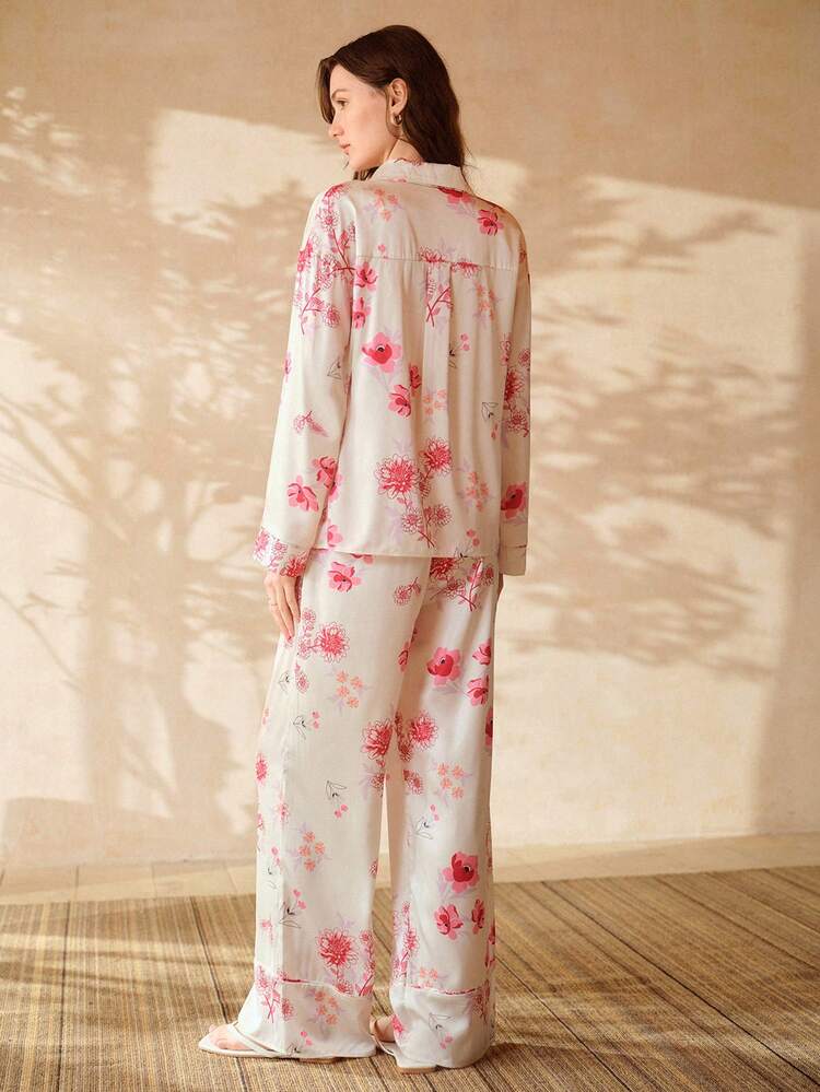 WOMEN'S FLORAL PRINT SHIRT AND PANTS PAJAMA SET
