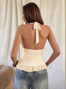 Aloruh Top de punto sin mangas con cuello en V y volantes, unicolor beige, adecuado para citas, vacaciones y uso diario - Beis - Ver 2