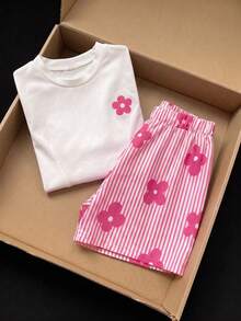 SHEIN Sparklyn 2pcs/Set Tween Girls Floral Print Fitted White Short Sleeve T-Shirt Top And Loose Shorts Set, Summer Outfit - Pink - View 4