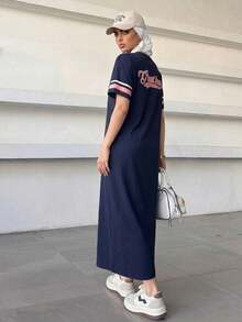 Solavon Letter Graphic Striped Sleeve Tee Dress - Navy Blue - View 2
