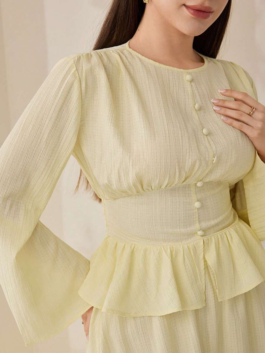 Solavon 大码女式纯色圆领褶皱长袖上衣和半裙休闲两件套 - 鵝黃色 - 查看 1