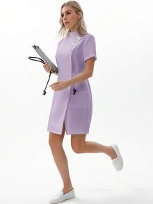 TaskEZ 女式手术服制服纽扣前开襟医院护士手术服连衣裙实验服 - 紫色 - 查看 3