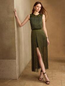 MOTF PREMIUM VESTIDO LARGO CON CINTURA CEÑIDA, ELEGANTE Y LUJOSO, CON PARCHES DE LENTEJUELAS, CUENTAS Y FLECOS, ADECUADO PARA BANQUETES Y FIESTAS EN OTOÑO/INVIERNO, VERDE MILITAR - Verde militar - Ver 2