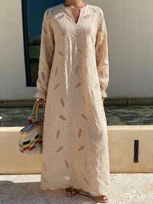 DAZY Women's Hollow Textured Elegant Long Dress - Khaki - View 3