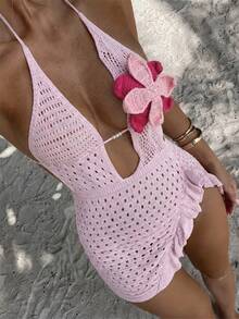 Swim SXY Pink Knitted Halter Tie Design Crochet Flower Decor Accessory Sexy Vacation Shawl - Pink - View 3