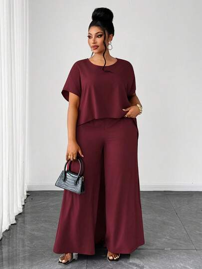 Maweii Plus Size Women's Summer Solid Wine Red Round Neck Asymmetric Hem Pullover Top + Casual Wide Leg Pants 2 Piece Set