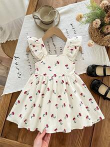 LMoss Kids Baby Girl Woven Square Neck Ruffle Hem Cherry Pattern Casual Dress - Multicolor - View 10
