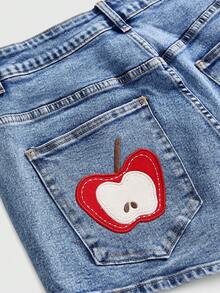 ROMWE Kawaii Plus Size Vintage Washed Summer Embroidered Cute Apple Pattern Versatile Simple High Stretch Denim Shorts - Baby Blue - View 4