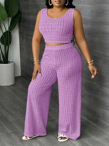Slaydiva Conjunto de 2 piezas de chaleco largo casual blanco y pantalón de pierna ancha talla grande, para primavera/verano - Morado - Ver 5