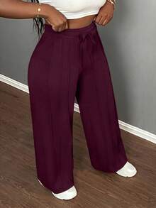 Slaydiva Casual Solid Color Drawstring Elastic Waist Straight Leg Pants - Purple - View 4