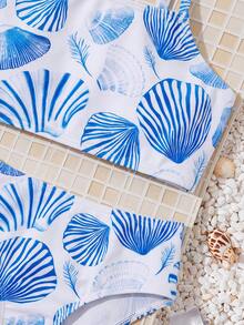 SHEIN Young Girl Shell Print Swimsuit Set - Blue and White - View 5