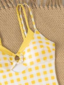 Swim Mod Women's One-Piece Plaid Swimsuit With Spaghetti Straps, Suitable For Beach Vacation, Spring/Summer - Yellow - View 4