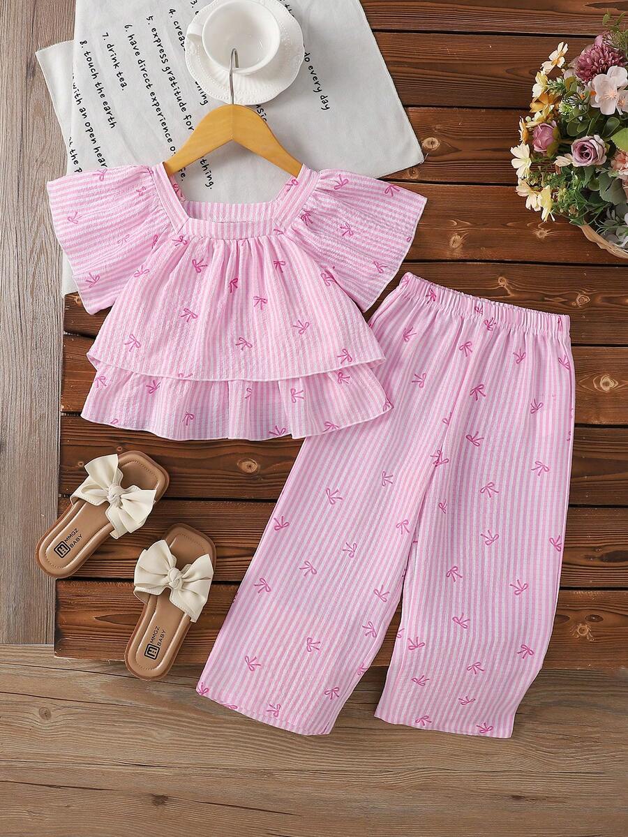 SHEIN Sparklyn Bộ 2 món cho bé gái, gồm áo tay phồng cổ vuông in họa tiết hoa cúc dễ thương và quần ống rộng thanh lịch. - Hồng - Xem 1