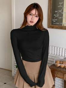 DAZY Solid Mock Neck Lettuce Trim Tee Long Sleeve Women Tops - Black - View 3